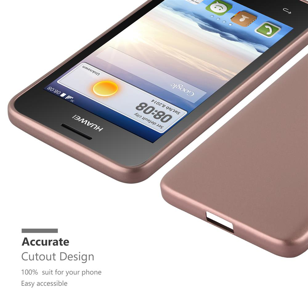 Telefono oro rosa in una custodia oro rosa. La custodia è a destra. Testo: Design preciso del ritaglio. Facilmente accessibile.