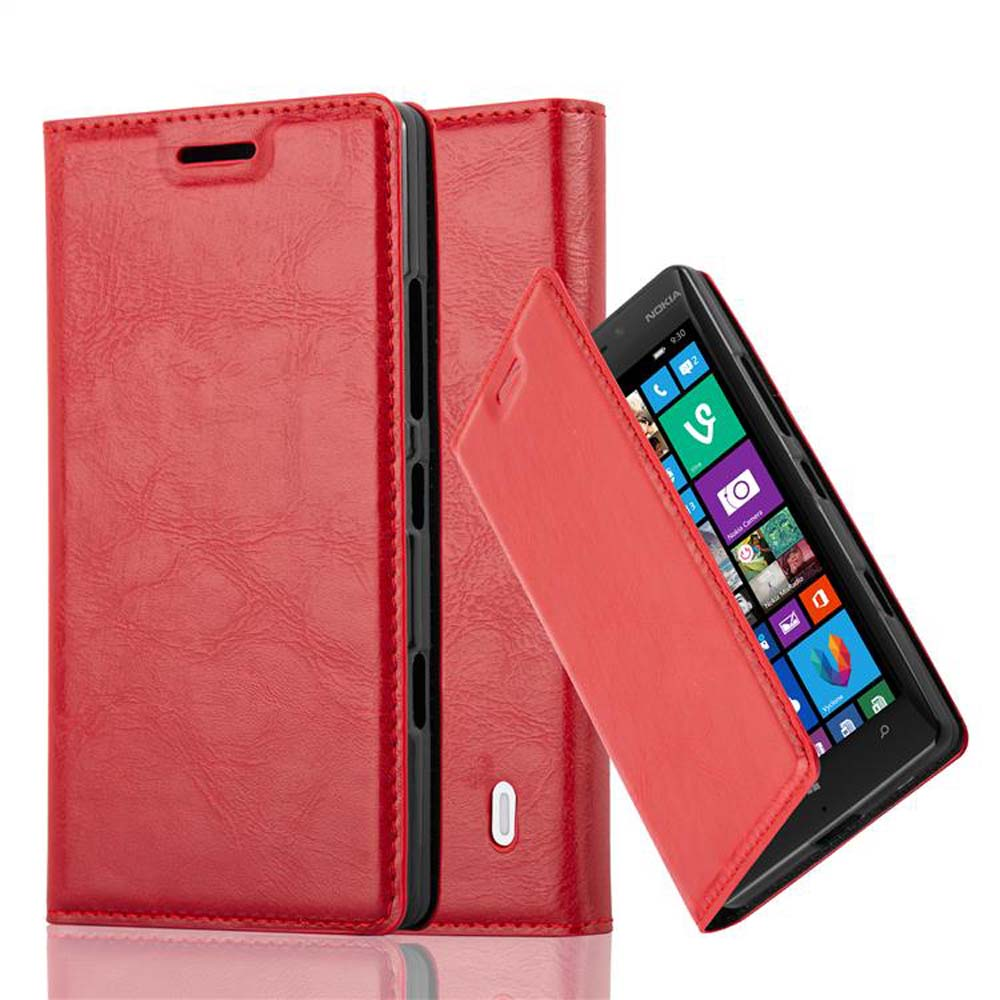 Dos fundas rojas de cuero para teléfono. Una vertical y otra abierta, mostrando un teléfono. El teléfono es un Nokia.