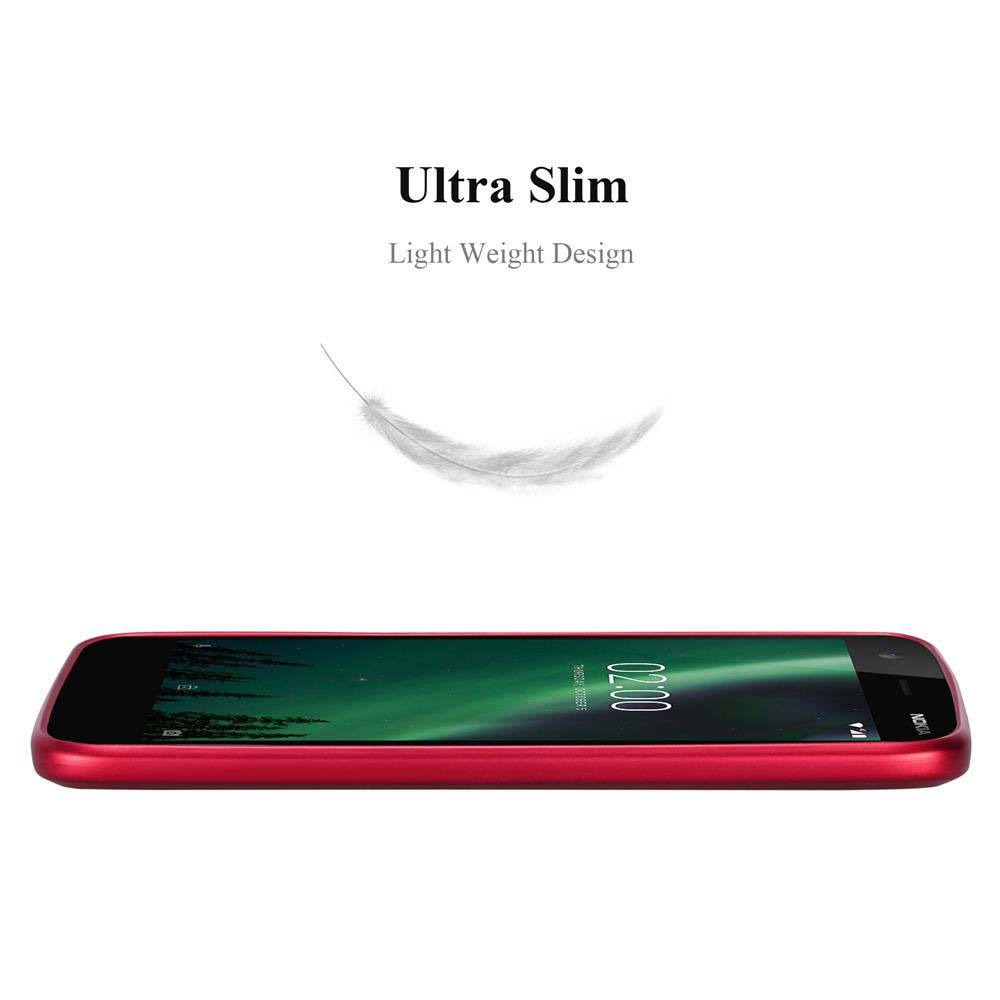 Uno smartphone rosso di lato con la scritta Ultra Slim Light Weight Design.