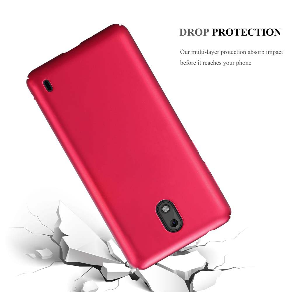 Una custodia rossa che rompe il cemento. Testo: 'Drop Protection'. Sfondo bianco.