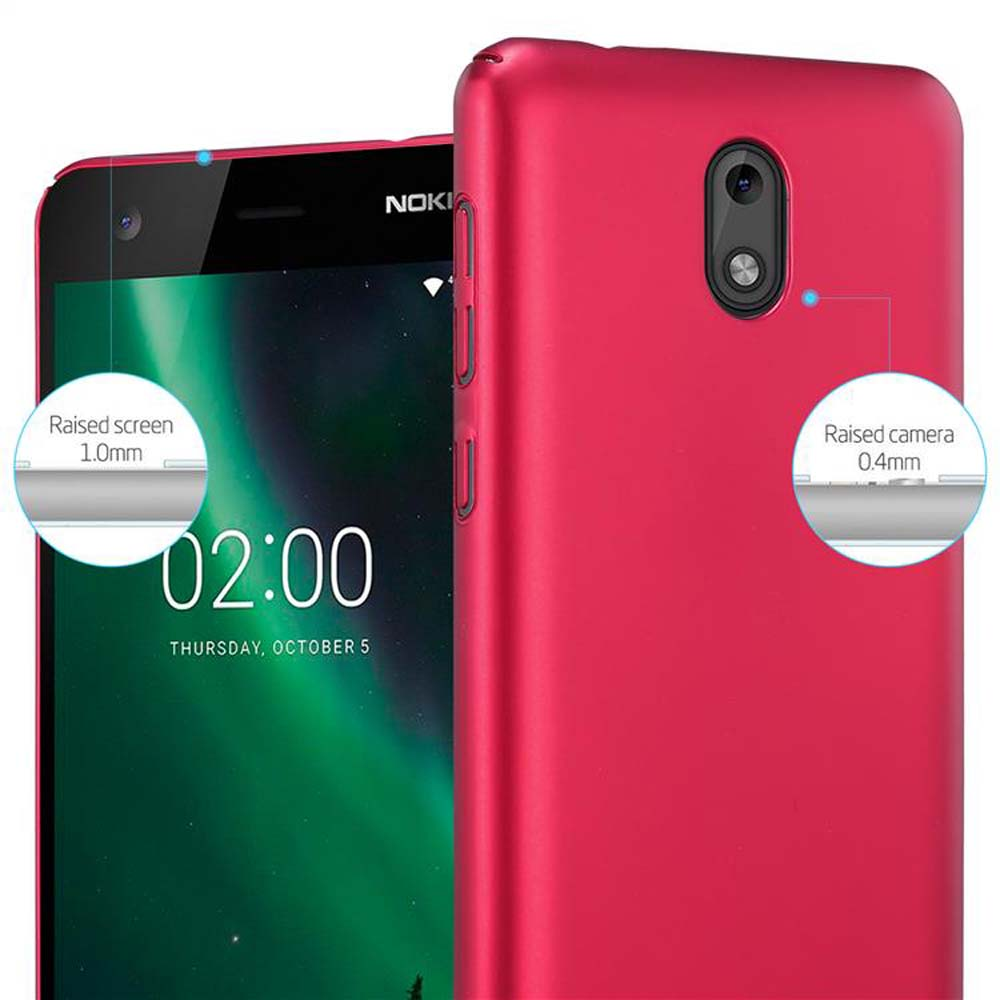 Una custodia rossa per telefono racchiude un telefono nero. Lo schermo e l'obiettivo della fotocamera sono evidenziati.