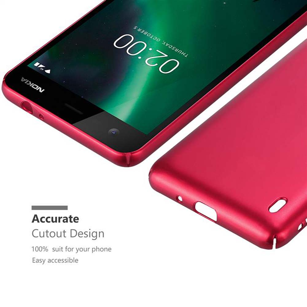 Un telefono e una custodia rossi sono visualizzati. Lo schermo del telefono mostra l'ora. Il testo evidenzia il design del ritaglio.