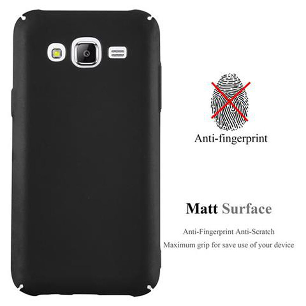 Schwarze Handyhülle mit Anti-Fingerabdruck und matter Oberfläche. Zeigt durchgestrichenen Fingerabdruck.