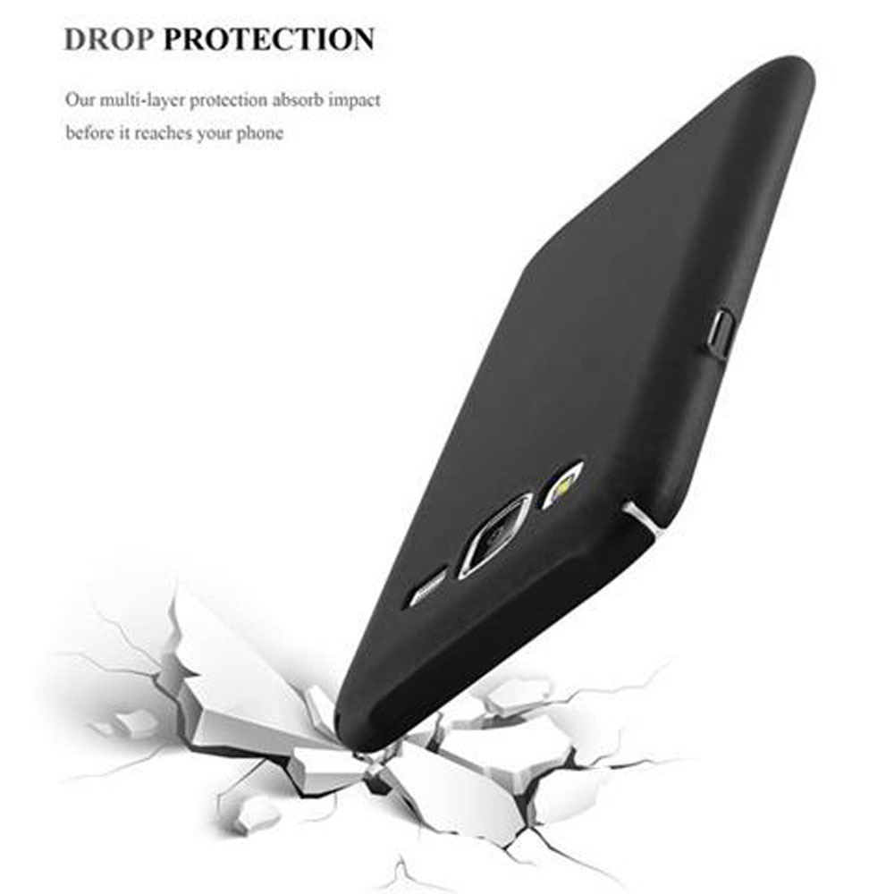 Eine schwarze Handyhülle fällt auf den Boden und bricht den Boden darunter. Text: Drop Protection.