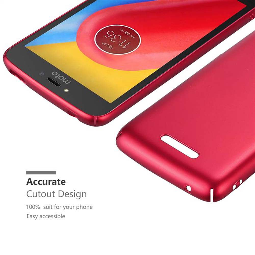 Ein rotes Telefon und seine Hülle. Text: Genaues Ausschnittdesign. Das Telefon zeigt seinen Startbildschirm.