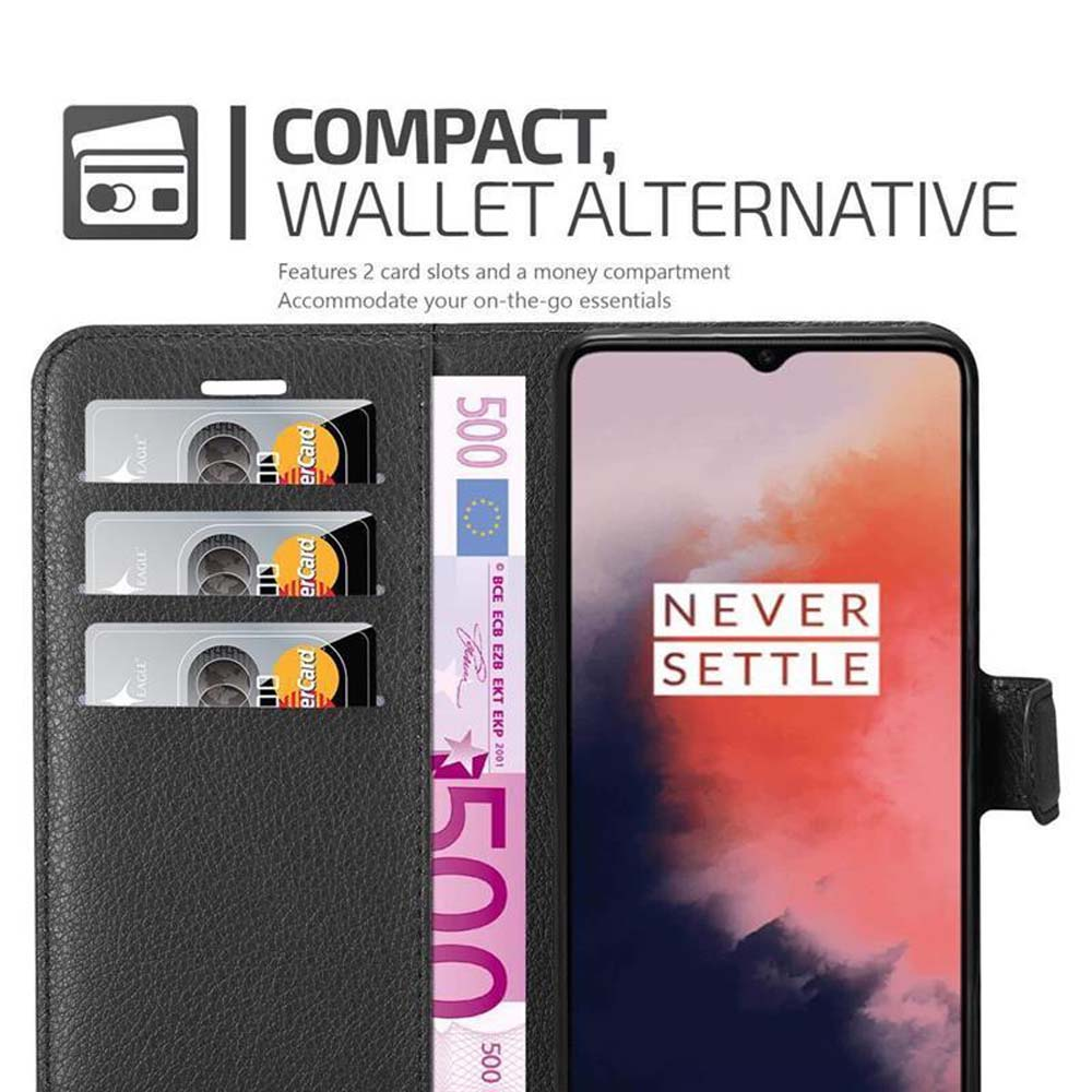 Custodia nera con telefono, 2 slot per carte e banconota da 500 euro.