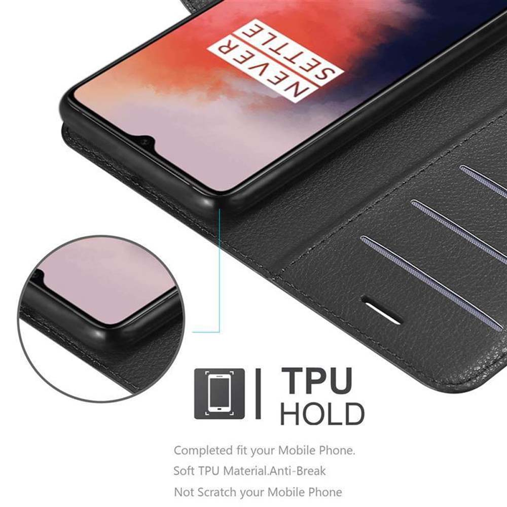 Custodia per telefono aperta con un telefono all'interno. Testo: TPU HOLD. La custodia è nera e protegge il telefono.