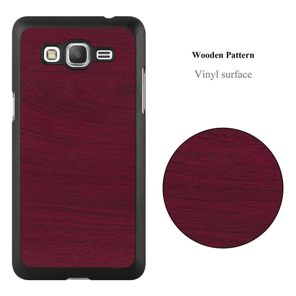 Custodia per telefono con motivo in legno rosso scuro, cornice nera e cerchio isolato con lo stesso motivo.