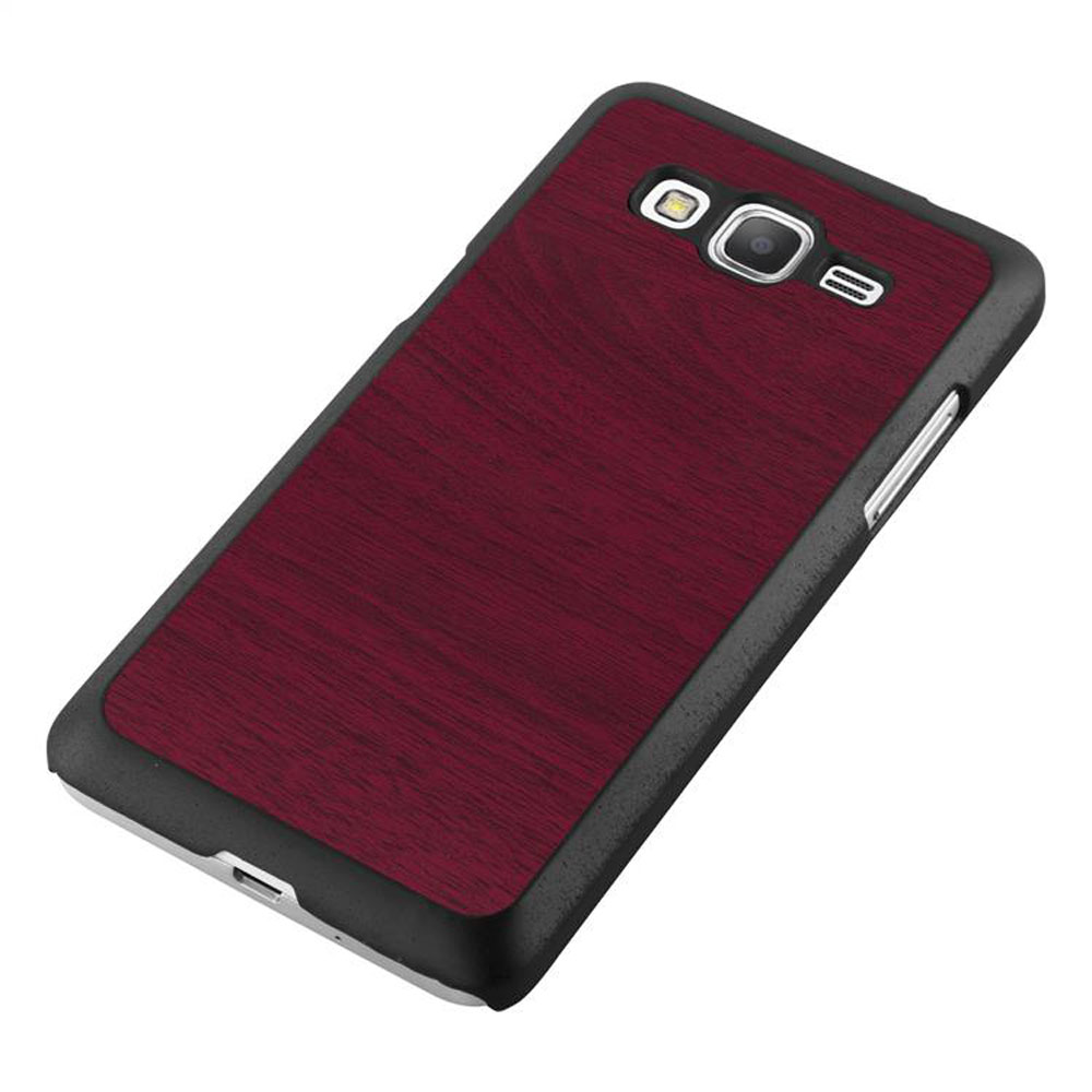 Custodia per telefono con motivo venato legno rosso scuro, bordo nero e aperture per fotocamera e flash.