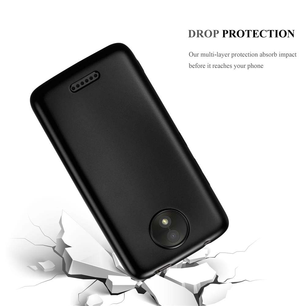 Una custodia nera per telefono che cade su una superficie rotta. Testo: Protezione dalle cadute. La custodia ha una fotocamera e un flash.