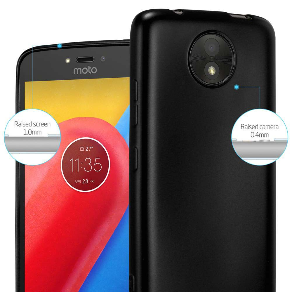 Custodia per telefono nera con protezione dello schermo e della fotocamera rialzati. All'interno è mostrato un telefono Moto nero.