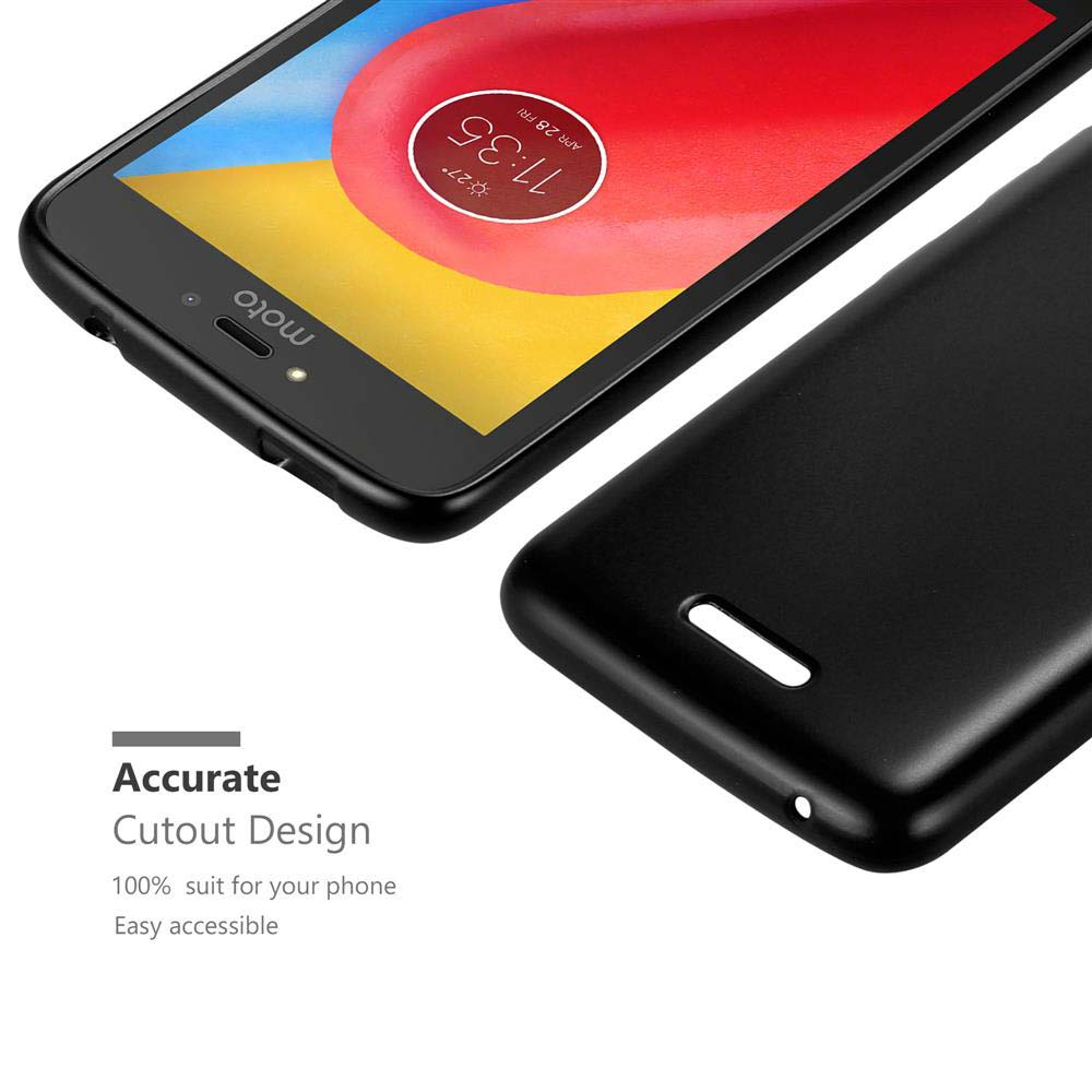 Telefono e custodia neri. Il telefono mostra uno schermo colorato, la custodia accanto.
