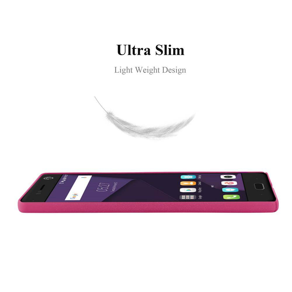 Telefono e custodia rosa. Il telefono è posizionato su una superficie. Il design ultra sottile è l'obiettivo.