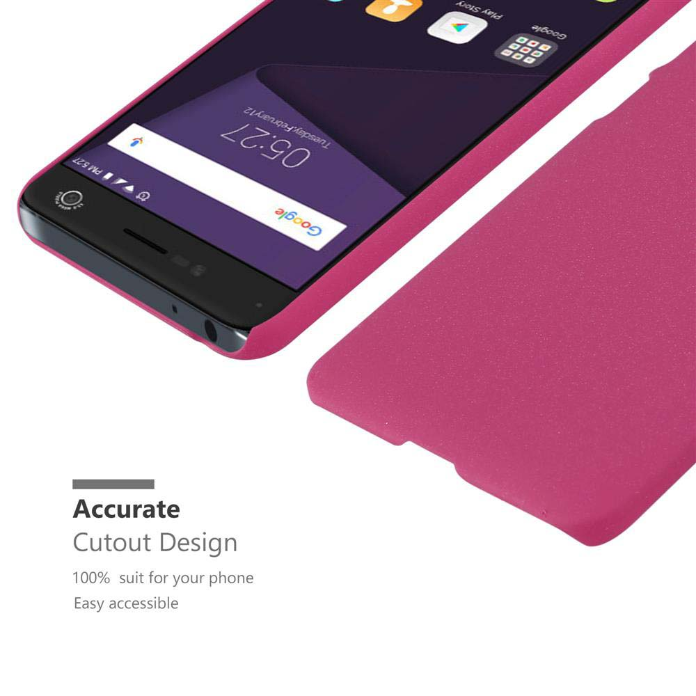Primo piano di una custodia per telefono rosa, con il telefono all'interno. Testo: Design con ritagli precisi. 100% adatto.