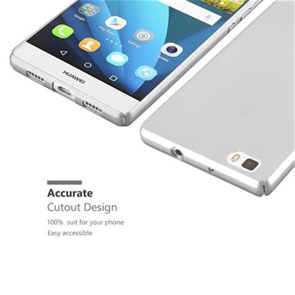 Se muestran dos teléfonos plateados, uno frontal y otro trasero. El texto dice: "Accurate Cutout Design."