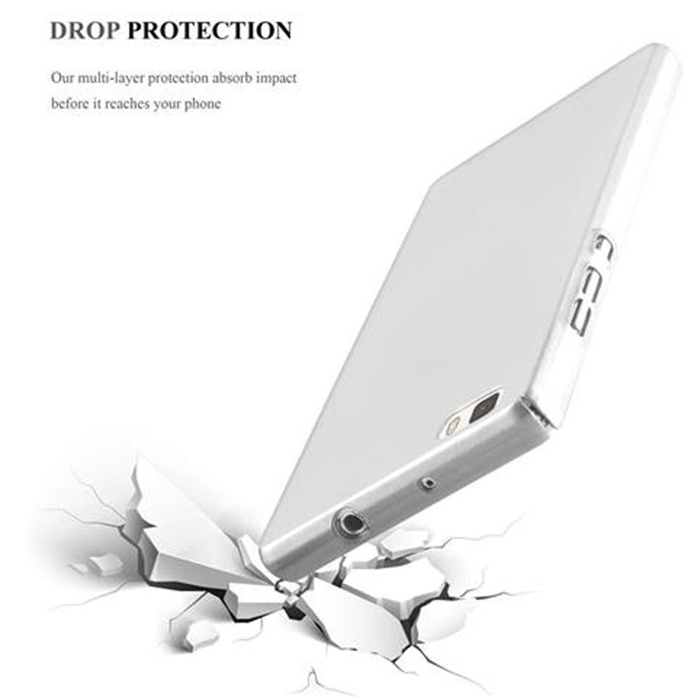 Una funda de teléfono inclinada hacia un lado que parece romper una superficie. Se anuncia protección contra caídas.