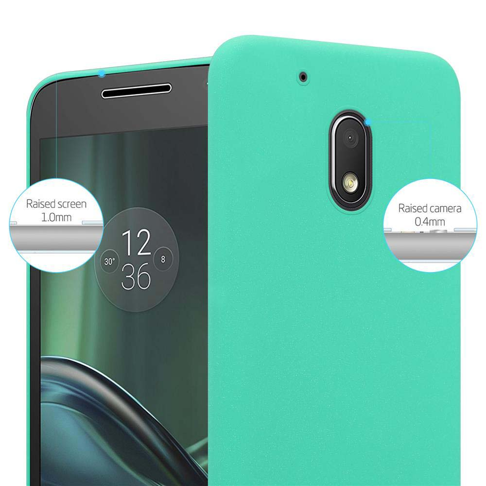 Una custodia verde con schermo che mostra le 12:36. Due cerchi evidenziano la protezione schermo e fotocamera.