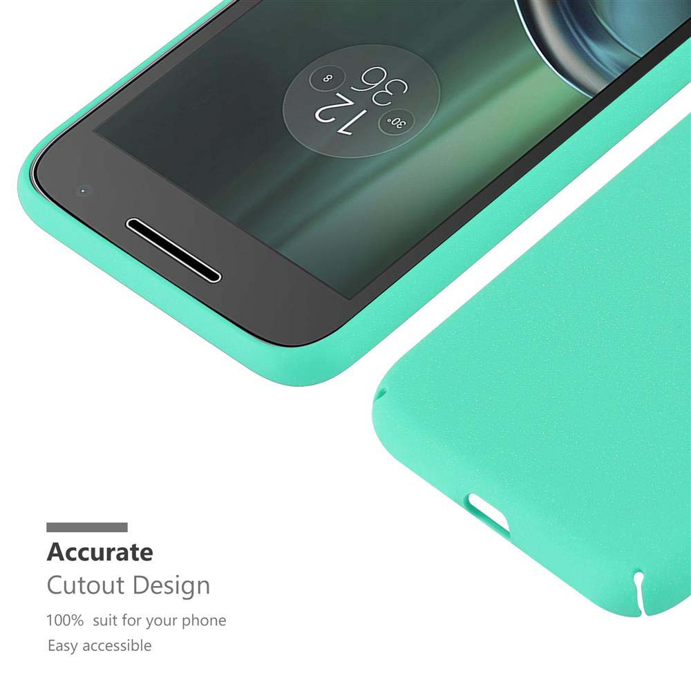 Una custodia e un telefono color turchese. Il telefono ha uno schermo nero. Sfondo bianco.