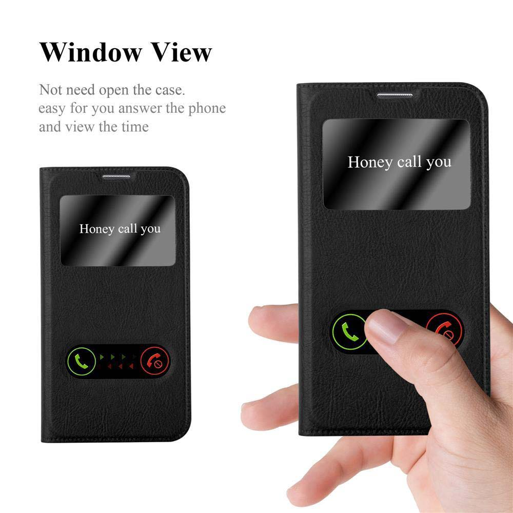 Funda de teléfono cerrada y abierta. Texto: Vista de ventana, Honey te llama.