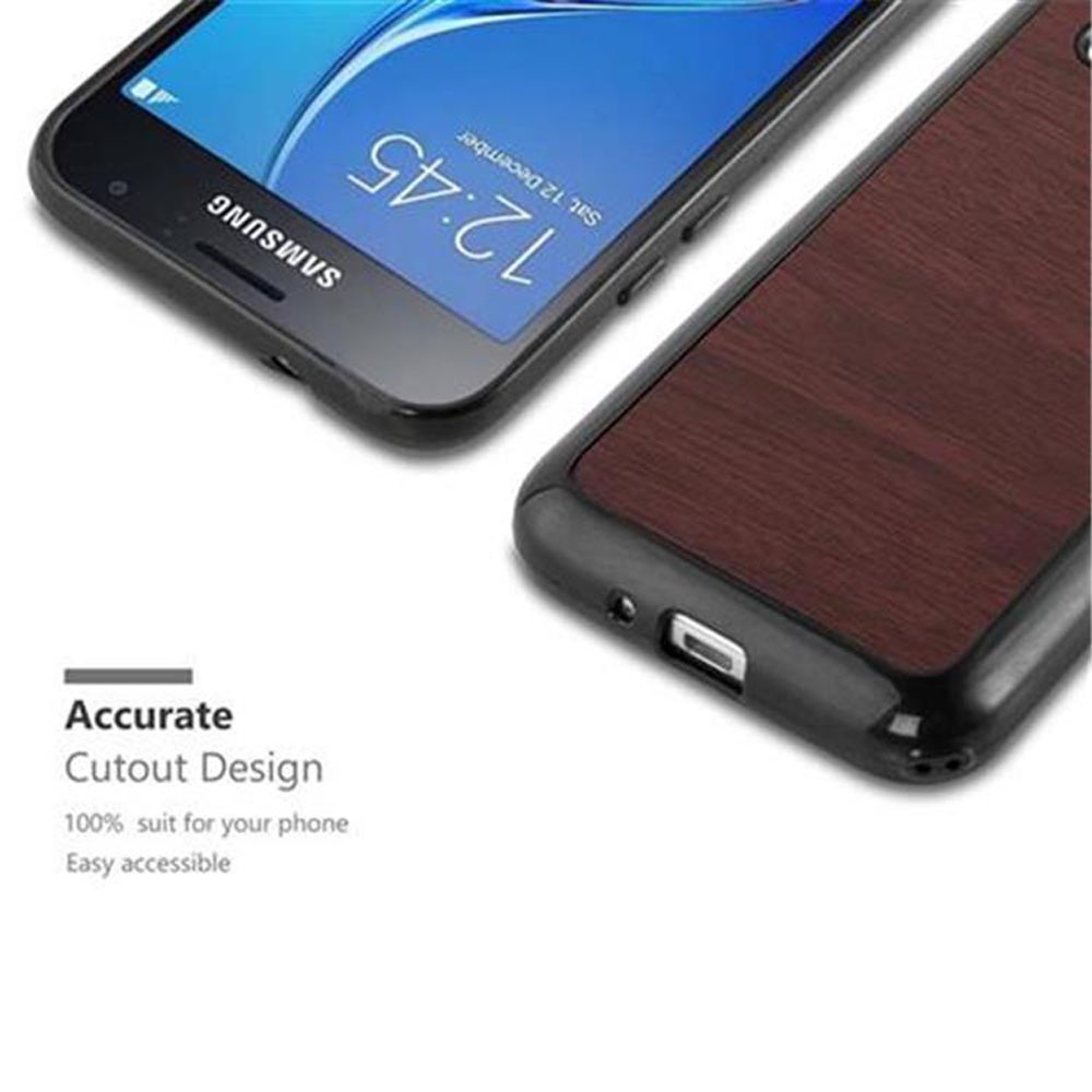 Nahaufnahme eines Samsung-Telefons in einer Holzmaserungs-Hülle. Text lautet 'Accurate Cutout Design' und '100% suit'.