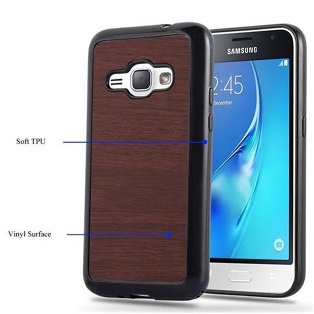 Schwarz-braune Handyhülle auf einem Telefon. Weiches TPU und Vinyl-Oberfläche beschriftet.