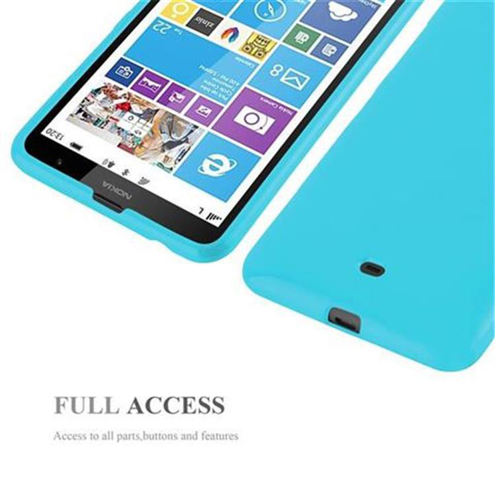 Una custodia per telefono blu. Testo: Accesso completo, accesso a tutte le parti, pulsanti e funzioni.
