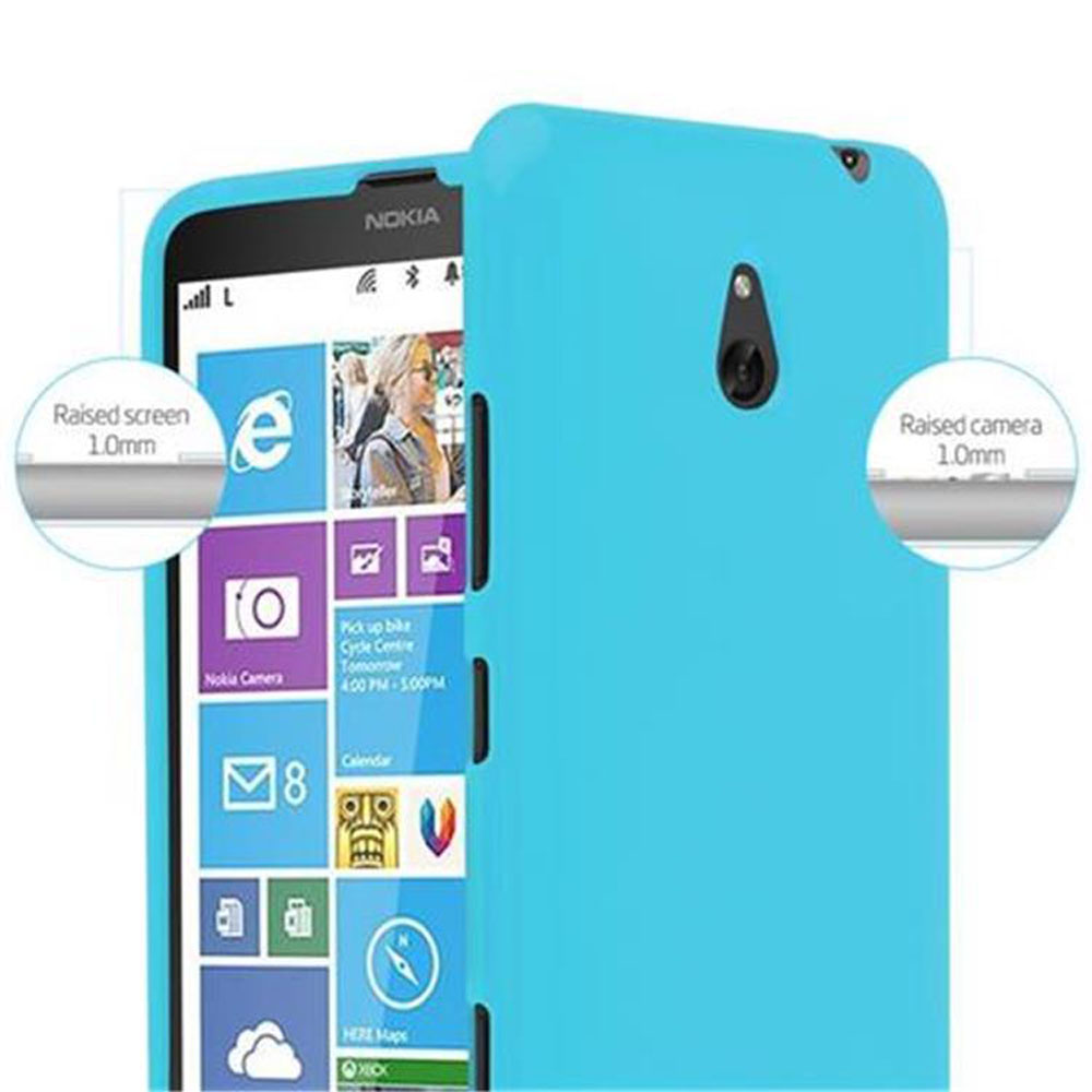 Custodia blu e telefono con schermo visibile. Mostra app e interfaccia.