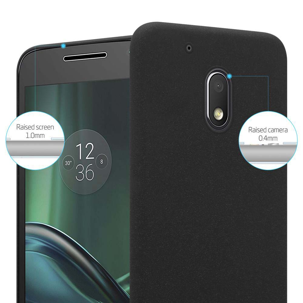 Custodia per telefono nera con schermo rialzato. Il telefono mostra l'ora. La fotocamera ha un'area rialzata. Colore nero.