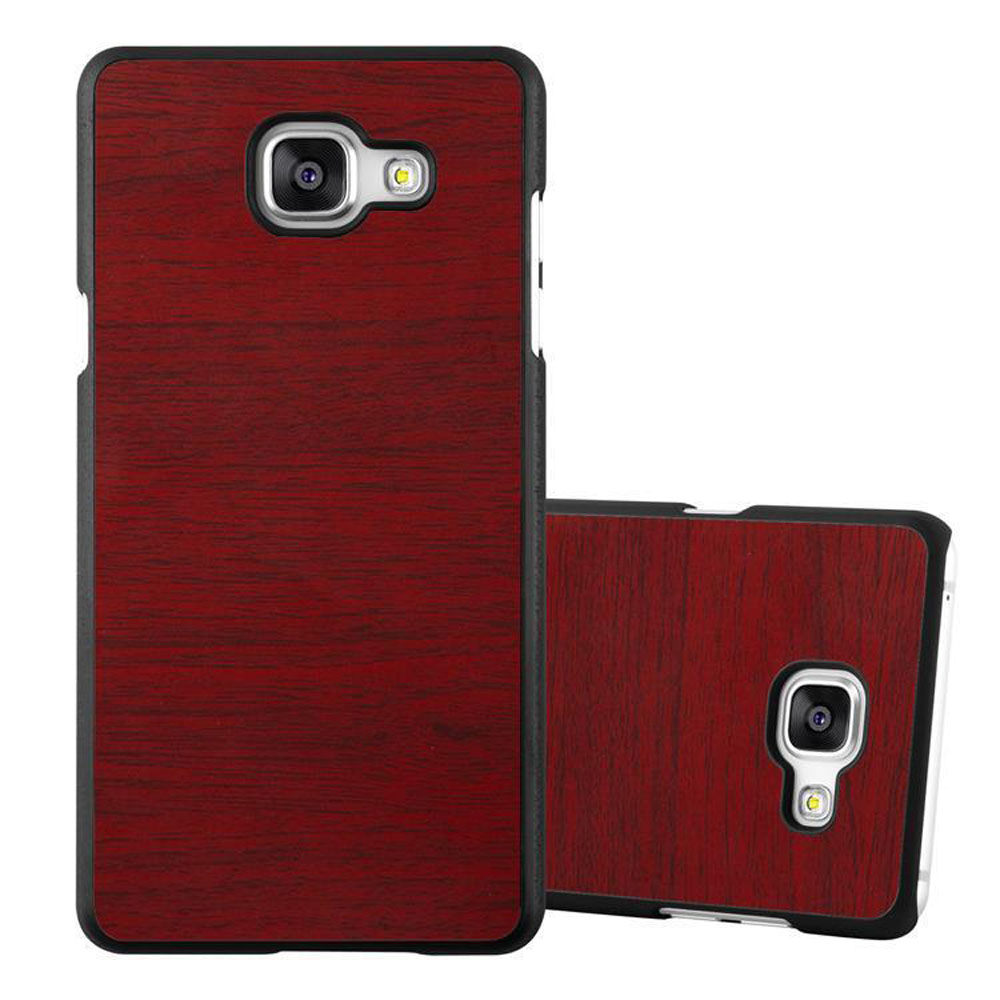 Funda roja de grano de madera con dos teléfonos. Un estuche está abierto, el otro muestra la parte trasera.