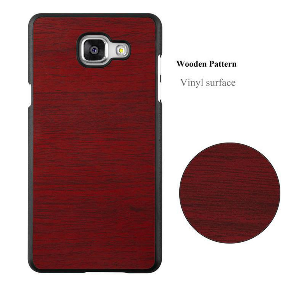 Una funda de teléfono con un patrón de madera rojo oscuro. Marco negro. Fondo blanco.