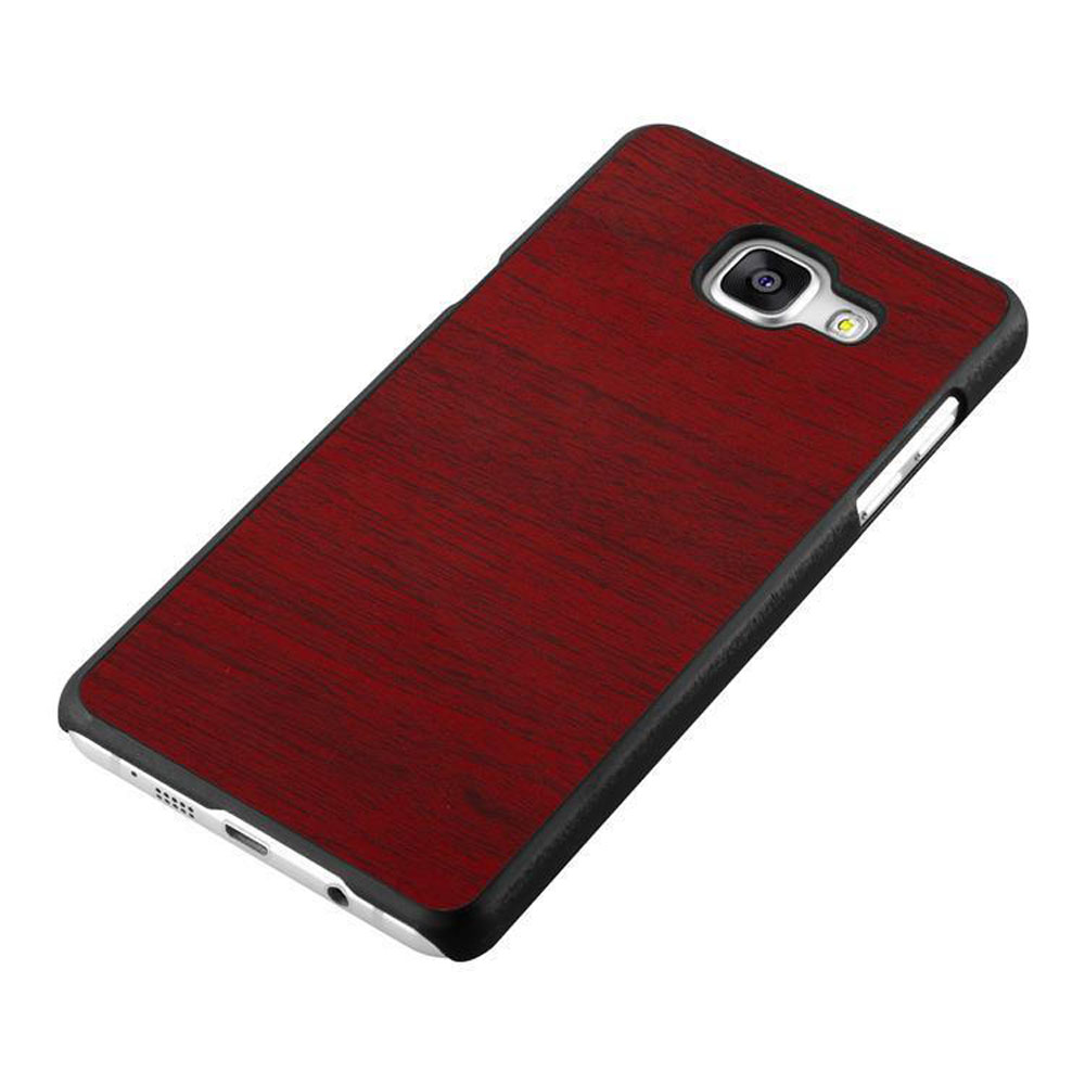 Funda de teléfono rojo oscuro con diseño de vetas de madera sobre fondo blanco.