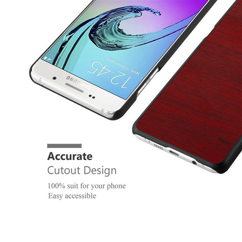 Un teléfono con una funda de vetas de madera. El texto debajo muestra un diseño de recorte preciso y fácil accesibilidad.