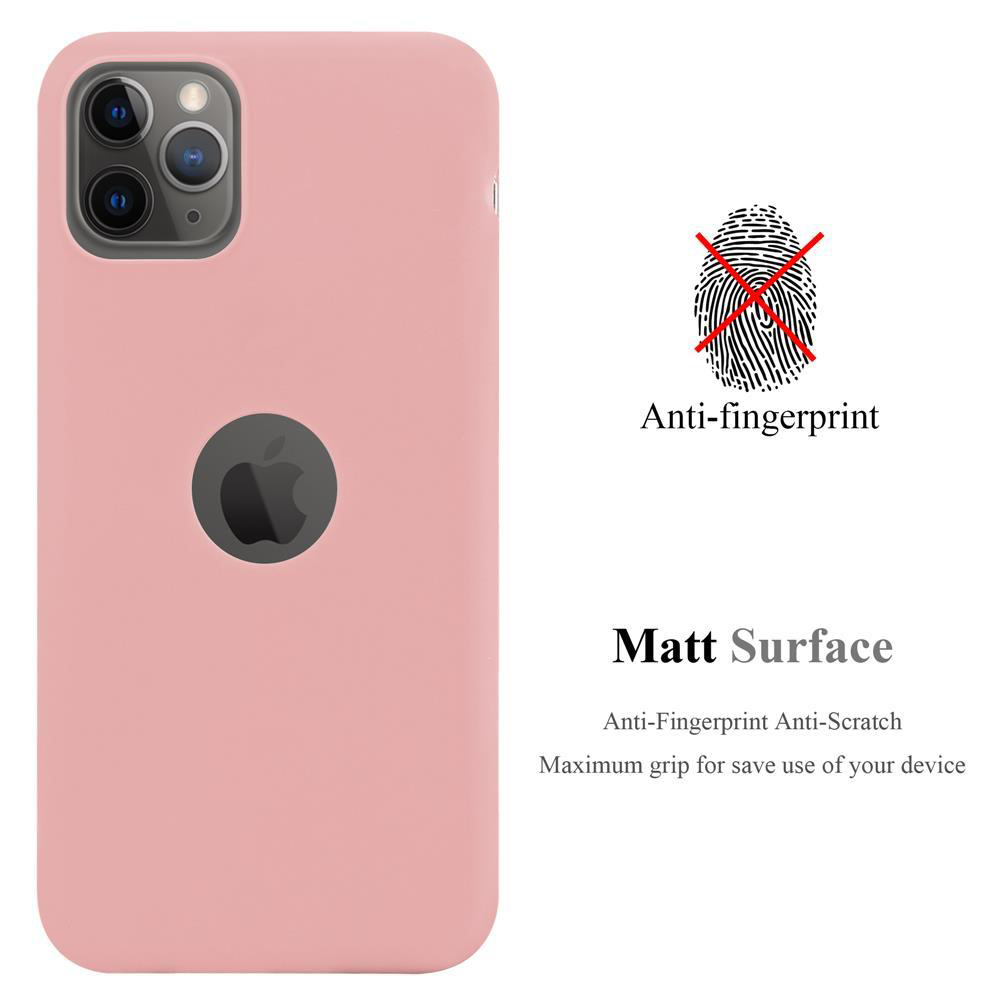 Rosa Handyhülle mit Apple-Logo. Text: Anti-Fingerabdruck, matte Oberfläche. Anti-Kratzer. Maximaler Halt.