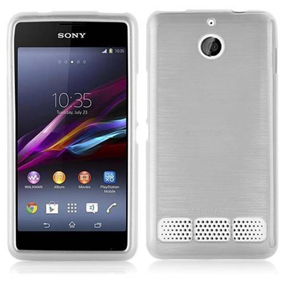 Un teléfono Sony con una funda, junto a la funda. La pantalla muestra una visualización colorida.