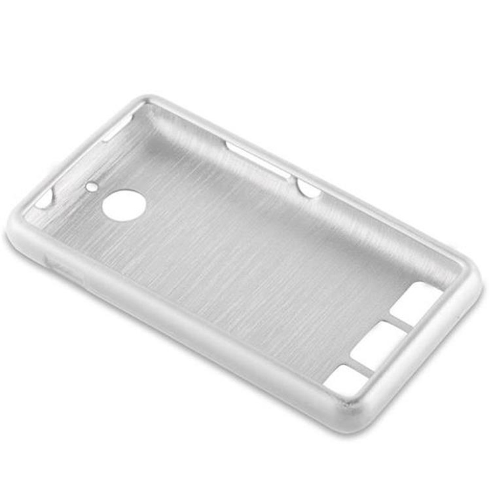 Funda plateada para teléfono con recortes. La funda está vacía y aislada sobre fondo blanco.