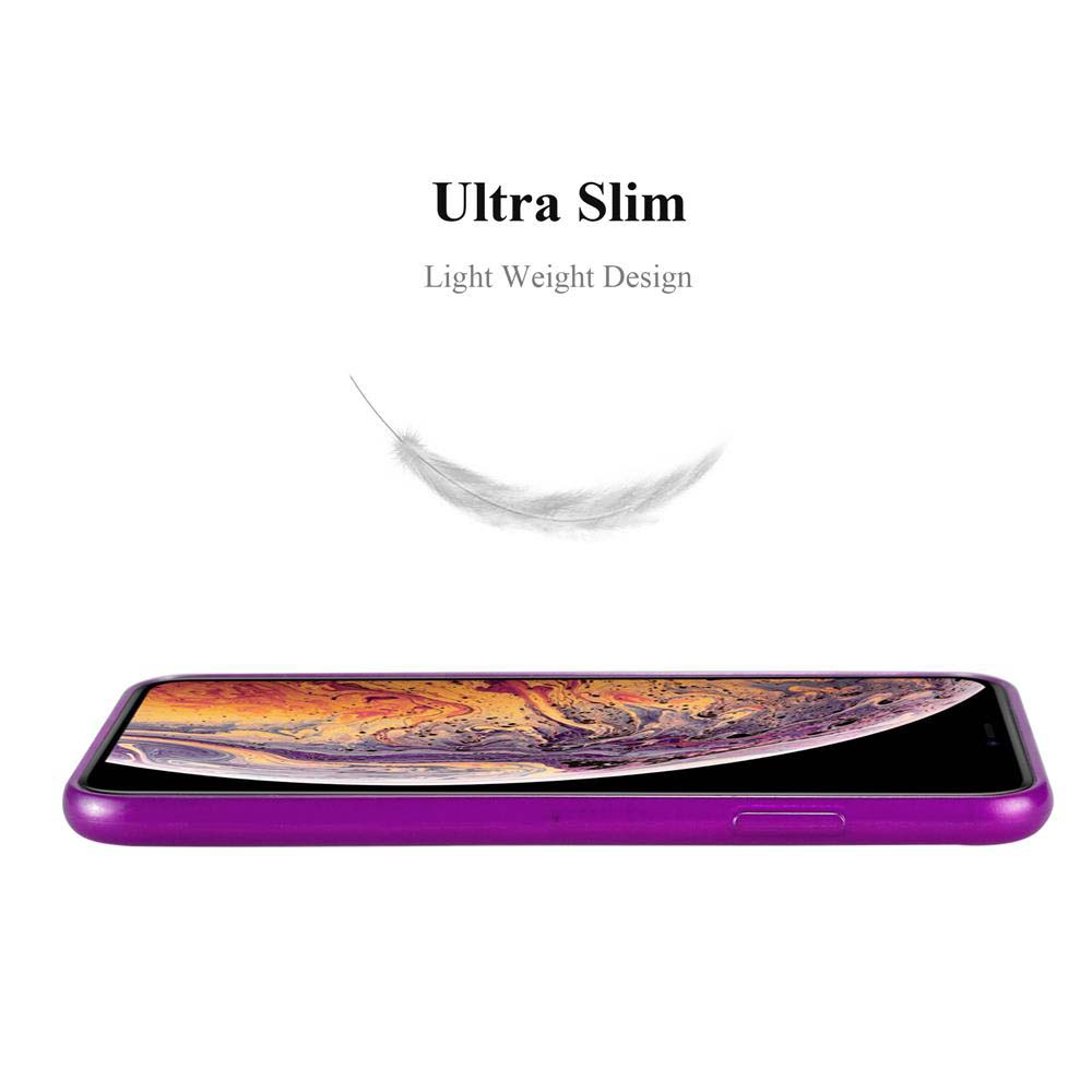 Una custodia viola per telefono di lato, con una piuma. Testo: Ultra Sottile, Design Leggero.