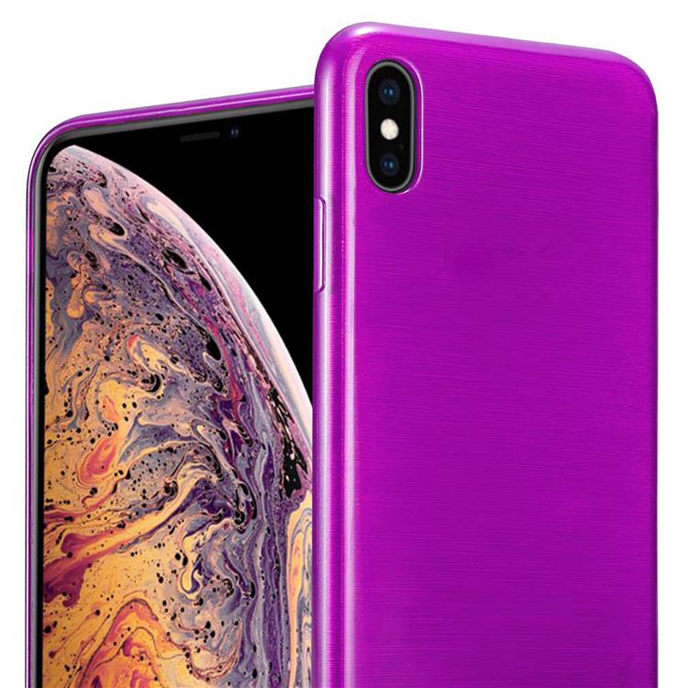 Custodia per telefono viola, che copre la parte posteriore del telefono. Il telefono ha due lenti.