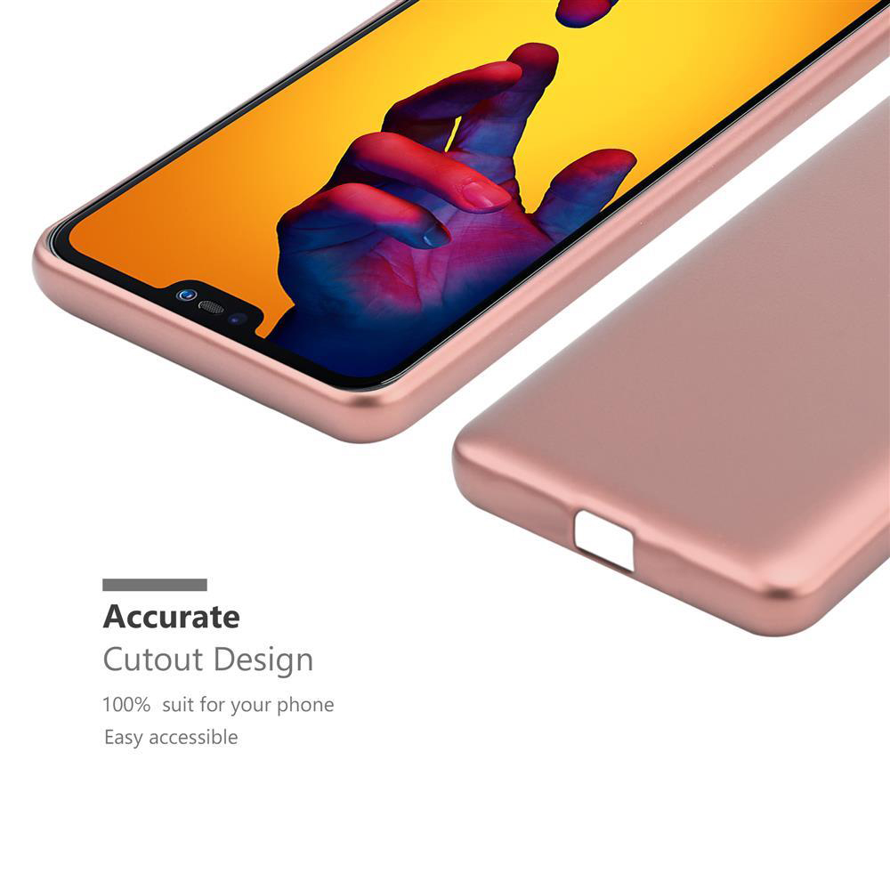 Un telefono e una custodia oro rosa. Testo: Design di ritaglio preciso. Il telefono mostra la schermata iniziale.