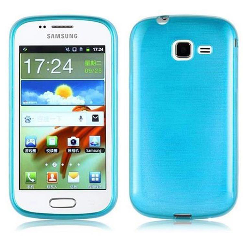 Un telefono bianco e blu con custodia blu è mostrato. Lo schermo mostra l'ora e le icone.
