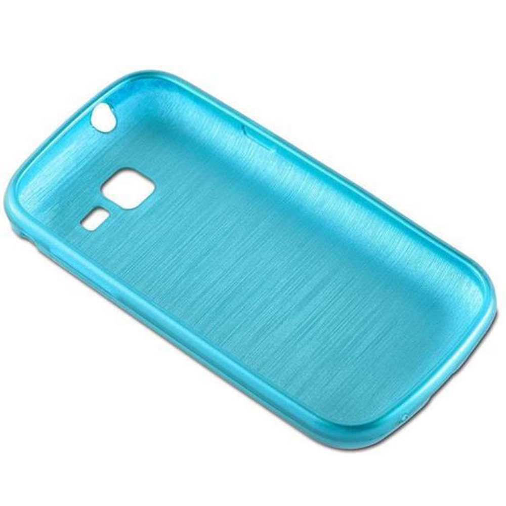 Custodia per telefono blu. Foro per fotocamera e altre porte. La trama ha un aspetto metallo spazzolato.