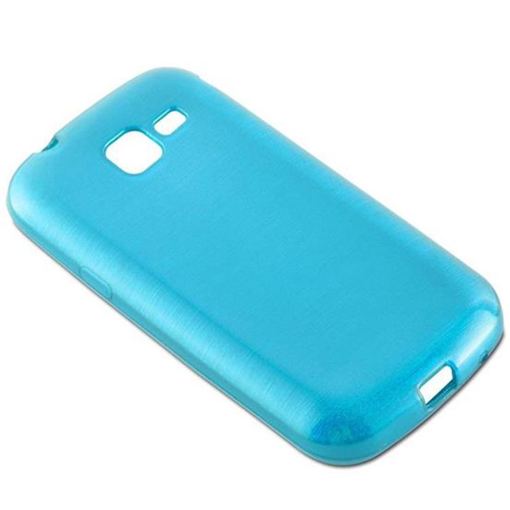 Una custodia per telefono azzurra su una superficie bianca, vista angolata. La custodia ha ritagli per fotocamera e pulsanti.