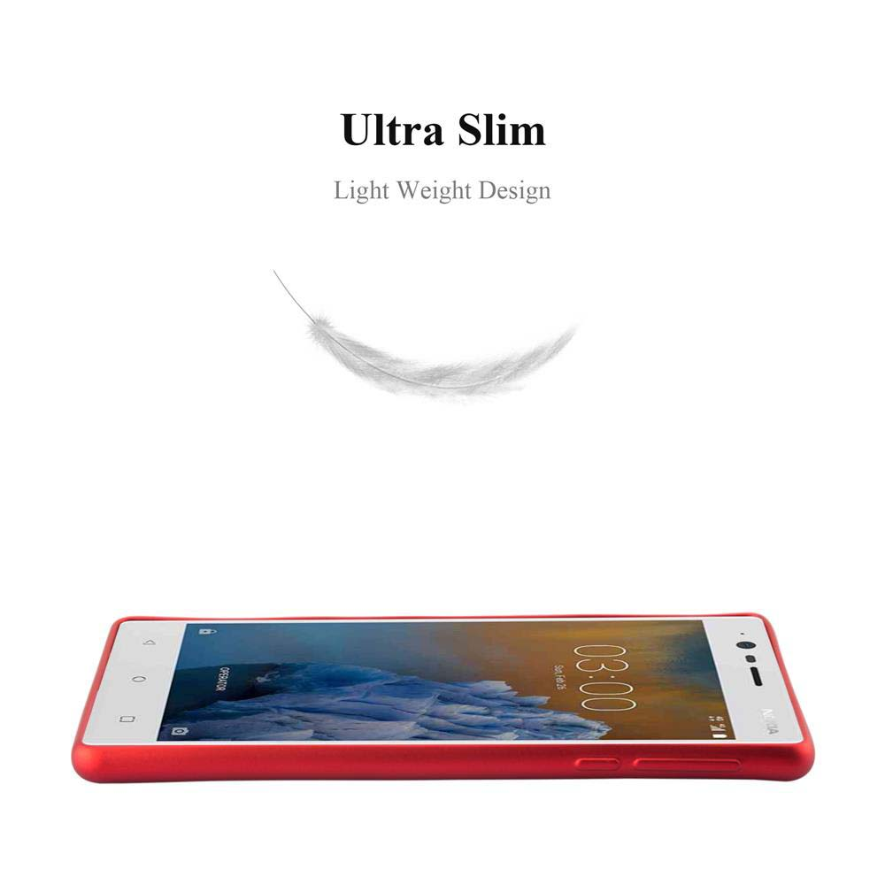 Una custodia rossa per telefono su sfondo bianco, con un telefono all'interno. Una piuma fluttua sopra il telefono.
