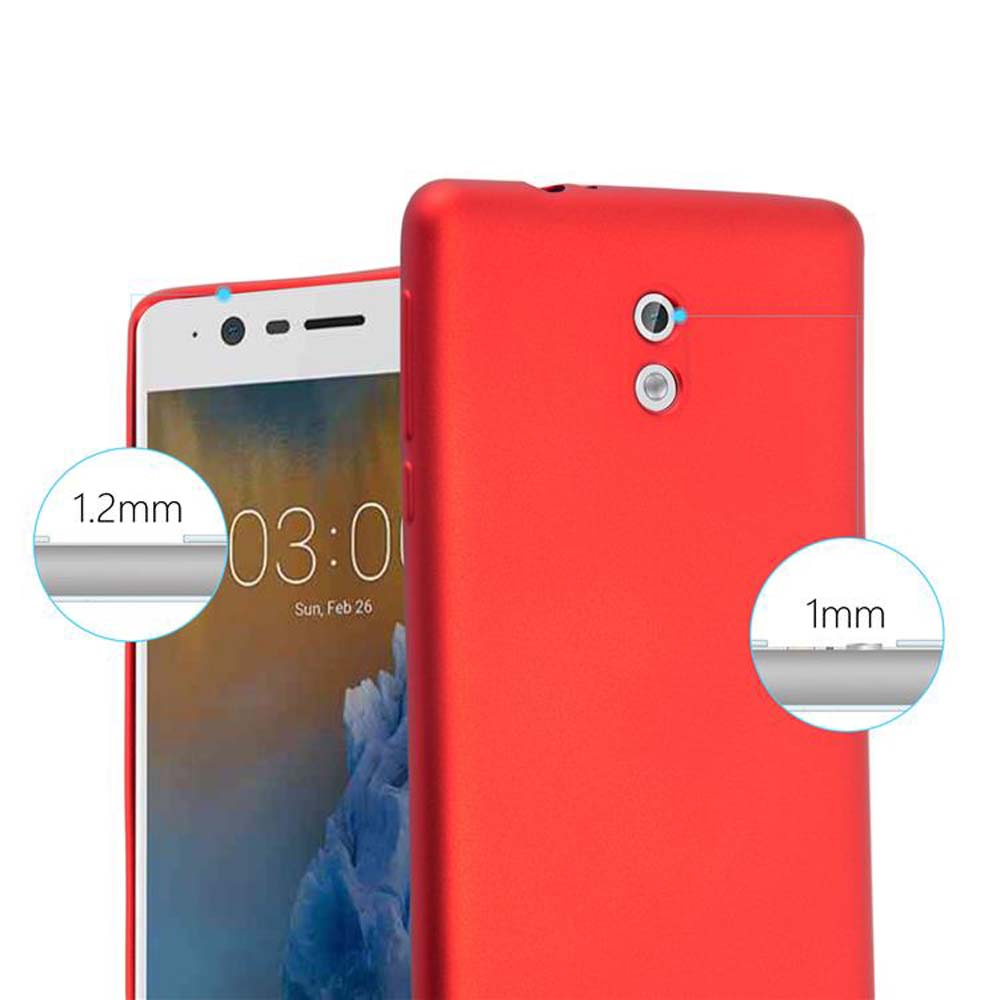 Una custodia per telefono rossa accanto a un telefono. Mostra lo spessore: 1,2 mm e 1 mm sul bordo.