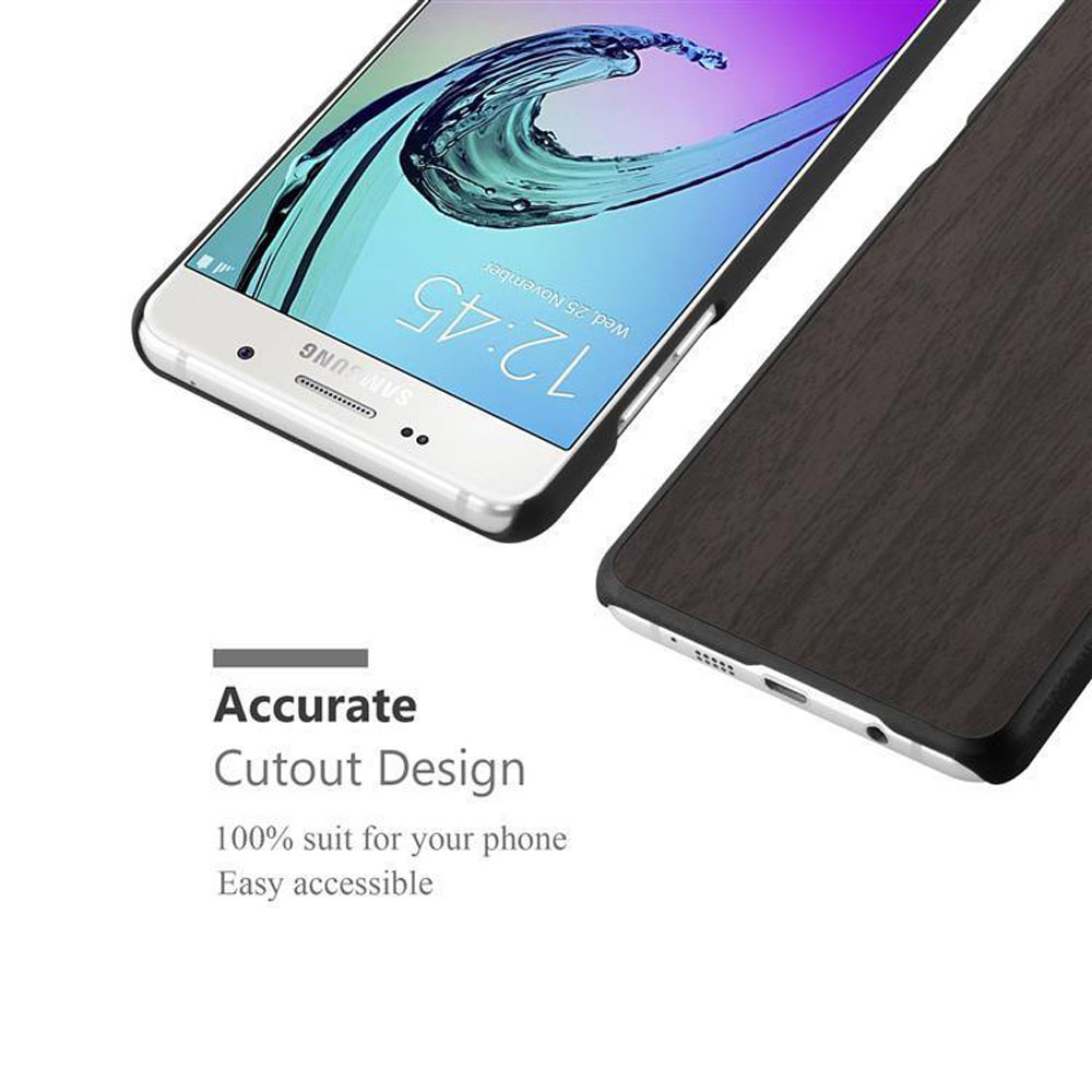 Teléfono con funda de textura de madera. Texto: Diseño de recorte preciso. 100% compatible. Fácil acceso.