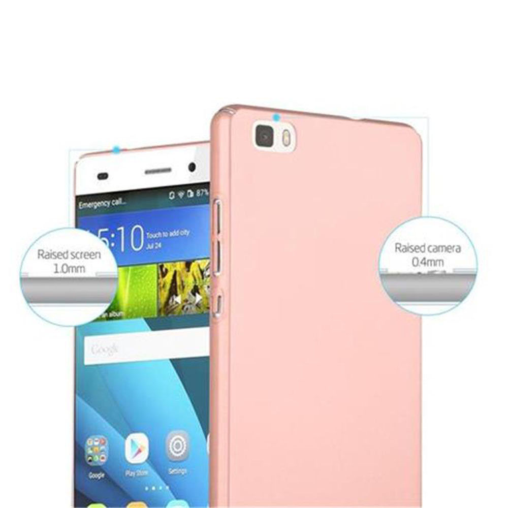 Funda rosa, teléfono de lado. Dos círculos muestran pantalla y cámara elevadas.