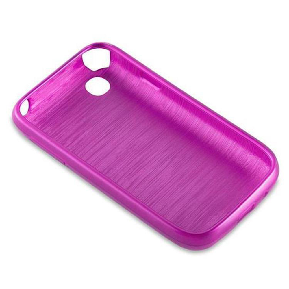 Una custodia per telefono rosa, vista angolata. La custodia ha un foro per la fotocamera e i pulsanti.
