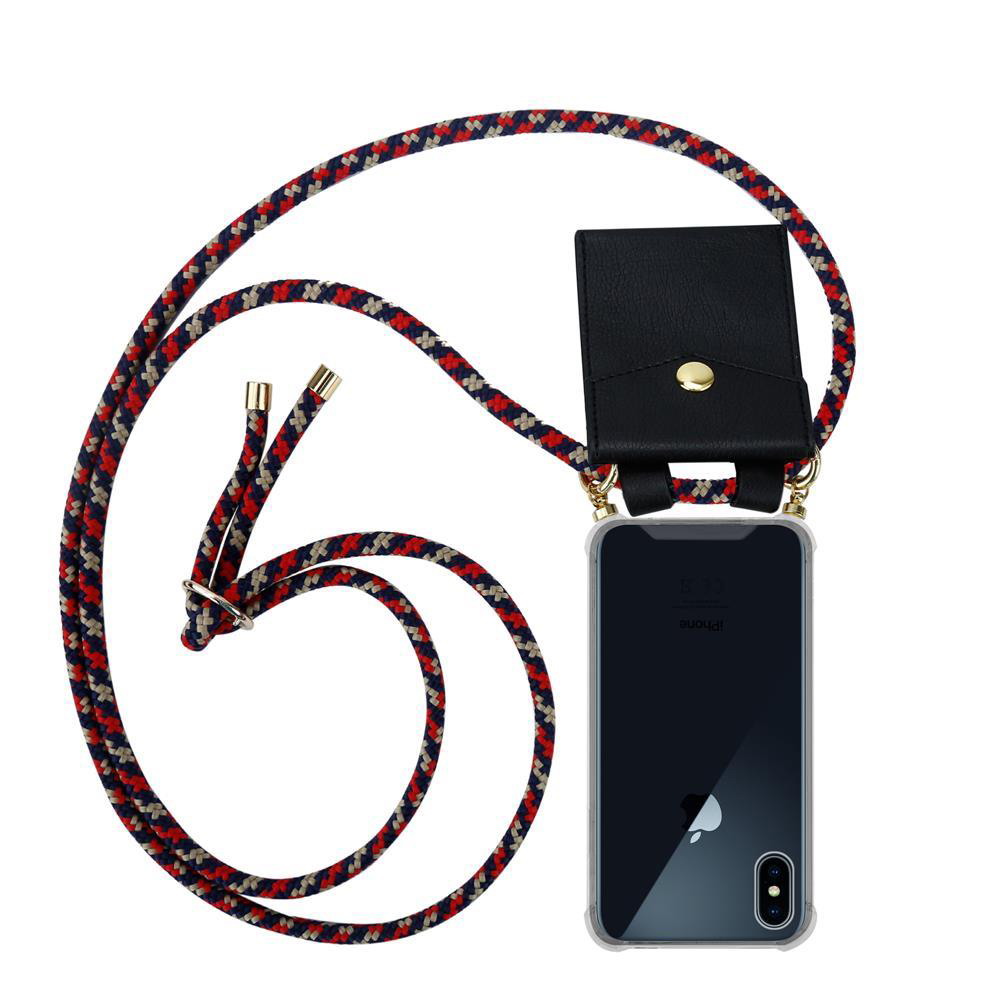 Telefono con cordino. Il telefono è nero. Il cordino è rosso, blu e oro.