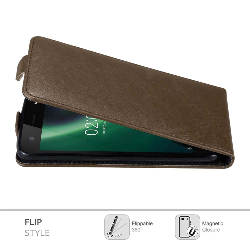Braune Leder-Klapphandyhülle mit Telefon im Inneren, Bildschirm sichtbar. Text "Flip Style".
