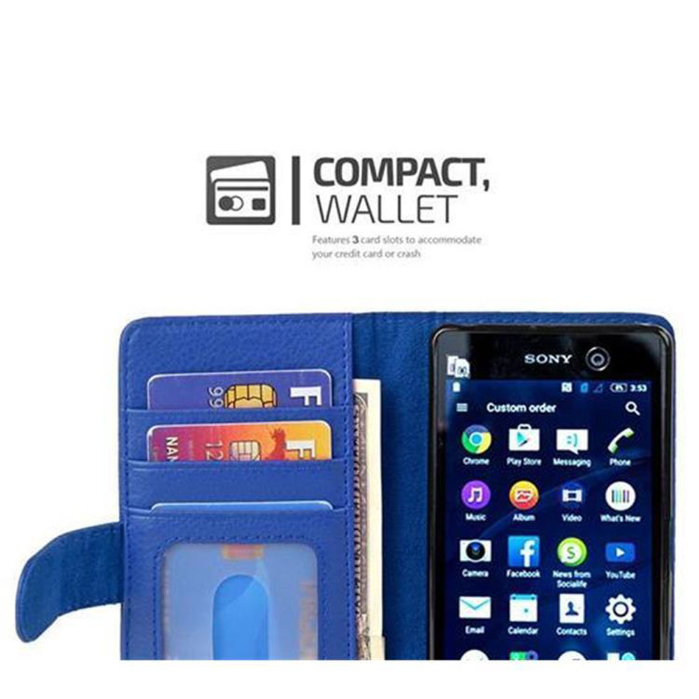Funda azul para teléfono con teléfono dentro. La funda tiene ranuras para tarjetas.