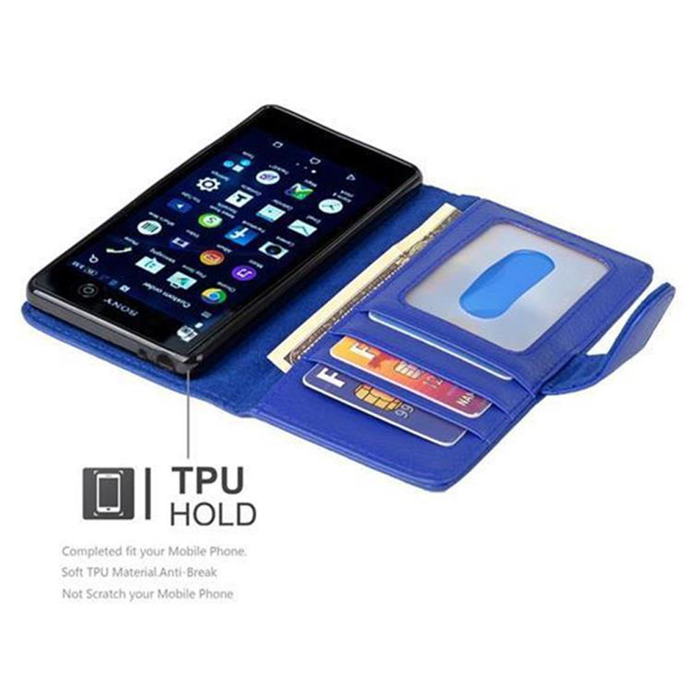 Teléfono con ranuras para tarjetas dentro de una funda de billetera azul. Texto: Soporte TPU.